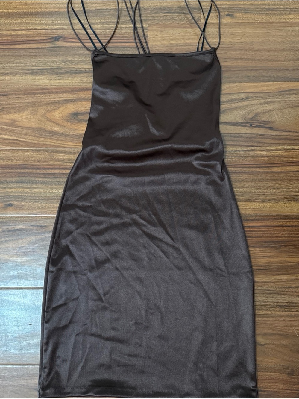Satin Spaghetti-Strap Bodycon Dress in Dark Brown